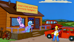 Size: 1133x639 | Tagged: safe, artist:slb94, artist:yvanchui, edit, edited screencap, screencap, starlight glimmer, trixie, pony, unicorn, g4, behaving like a cat, comments locked down, crossover, female, homer simpson, male, mare, sneed's feed and seed, the simpsons