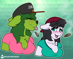 Size: 1280x1042 | Tagged: safe, artist:whisperfoot, oc, oc only, oc:marley jane, oc:sugar leaves, diamond dog, wolf, anthro, blunt, blushing, chest fluff, chest freckles, chips, clothes, doritos, drugs, female, female diamond dog, flatbill, food, freckles, furry, hat, high, joint, mare, marijuana, open mouth, simple background, smoke, smoking, snapback, tongue out