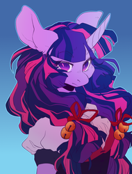Size: 1280x1683 | Tagged: safe, artist:yuyusunshine, twilight sparkle, anthro, g4, bells, bust, clothes, colored pupils, cute, ear fluff, eyebrows, eyebrows visible through hair, female, gradient background, long hair, ribbon, simple background, twiabetes