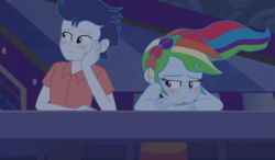 Size: 1870x1090 | Tagged: safe, artist:ilaria122, rainbow dash, soarin', equestria girls, equestria girls specials, g4, my little pony equestria girls: better together, my little pony equestria girls: spring breakdown, blushing, bracelet, braid, clothes, dress, equestria girls-ified, female, geode of super speed, jewelry, looking away, magical geodes, male, pants, ponytail, ship:soarindash, shipping, shirt, smiling, straight, windswept hair, yacht