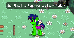 Size: 686x358 | Tagged: safe, oc, oc only, oc:viridi lux, butterfly, changedling, changeling, changepony, hybrid, pony, pony town, fence, flower, grass, interspecies offspring, offspring, parent:thorax, parent:twilight sparkle, parents:twirax, text, tree