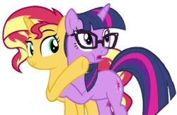 Size: 2048x1332 | Tagged: dead source, safe, artist:php77, edit, edited screencap, editor:php77, screencap, sci-twi, sunset shimmer, twilight sparkle, pony, unicorn, equestria girls, equestria girls specials, g4, my little pony equestria girls: better together, my little pony equestria girls: spring breakdown, duo, duo female, equestria girls ponified, female, glasses, implied lesbian, implied scitwishimmer, implied shipping, not a vector, ponified, unicorn sci-twi