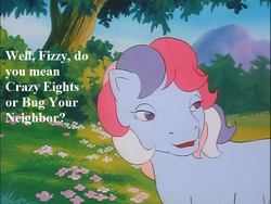 Size: 718x540 | Tagged: safe, edit, edited screencap, editor:korora, screencap, sweet stuff, g1, my little pony 'n friends, sweet stuff and the treasure hunt, cute, dialogue, flower, implied fizzy, sweet sweet stuff, that pony sure does love playing games, tree