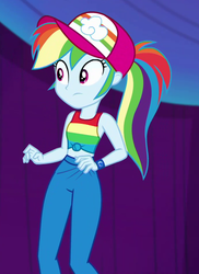 Size: 692x948 | Tagged: safe, screencap, rainbow dash, equestria girls, equestria girls specials, g4, my little pony equestria girls: better together, my little pony equestria girls: spring breakdown, baseball cap, cap, clothes, cropped, female, geode of super speed, hat, magical geodes, pants, sleeveless, solo, tank top