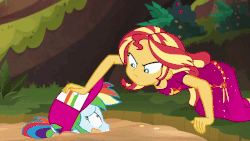 Size: 800x450 | Tagged: safe, edit, edited screencap, screencap, rainbow dash, sunset shimmer, equestria girls, equestria girls specials, g4, my little pony equestria girls: better together, my little pony equestria girls: spring breakdown, abuse, animated, dashabuse, female, jungle, loop, out of context, quicksand, reversed