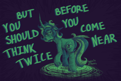 Size: 1500x1000 | Tagged: safe, artist:captainofhopes, oc, oc only, oc:schiller rush, pony, unicorn, curved horn, female, horn, limited palette, long horn, looking back, mare, signature, simple background, solo, text, tritone, unshorn fetlocks