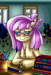 Size: 790x1150 | Tagged: safe, artist:captainofhopes, oc, oc:vanilla swirl, earth pony, pony, 3:, book, chair, cheek fluff, chest fluff, colored ears, cup, desk, ear feathers, ear fluff, empty eyes, eyelashes, female, fluffy, frown, glare, glasses, hoof fluff, lidded eyes, looking at you, mare, no catchlights, no pupils, pencil, signature, text, unshorn fetlocks, wavy mouth