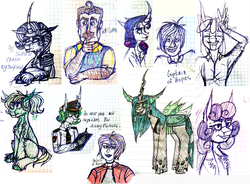 Size: 4888x3600 | Tagged: safe, artist:captainofhopes, queen chrysalis, rarity, oc, oc:schiller rush, changeling, human, pony, anthro, g4, anthro with ponies, cyrillic, female, graph paper, hello neighbor, horn, long horn, male, mare, mr. peterson, pilot, russian, signature, sketch, the neighbor, traditional art