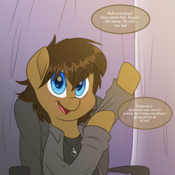 Size: 2000x2000 | Tagged: safe, artist:fluffyxai, oc, oc only, oc:spirit wind, pony, tumblr:ask spirit wind, ask, chair, clothes, cute, high res, male, smiling, solo, speech bubble, stallion, tumblr