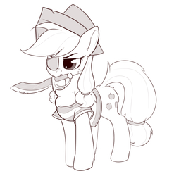 Size: 2634x2664 | Tagged: source needed, safe, artist:anti1mozg, applejack, earth pony, pony, g4, eyepatch, female, hat, high res, mare, monochrome, mouth hold, pirate, pirate hat, simple background, sketch, solo, sword, weapon, white background