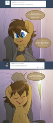 Size: 2000x4600 | Tagged: safe, artist:fluffyxai, oc, oc only, oc:spirit wind, pony, tumblr:ask spirit wind, ask, clothes, curtains, cute, eyes closed, jewelry, male, necklace, smiling, solo, speech bubble, stallion, tumblr