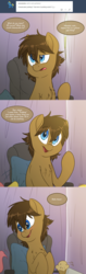Size: 2000x6300 | Tagged: safe, artist:fluffyxai, derpy hooves, fluttershy, oc, oc only, oc:spirit wind, pony, tumblr:ask spirit wind, blushing, chair, curtains, cute, food, male, muffin, pillow, smiling, solo, speech bubble, stallion, tumblr