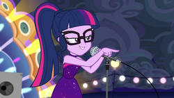 Size: 1920x1080 | Tagged: safe, screencap, sci-twi, twilight sparkle, equestria girls, equestria girls specials, g4, my little pony equestria girls: better together, my little pony equestria girls: spring breakdown, all good (song), female, microphone, sexy egghead, singing, sleeveless, solo