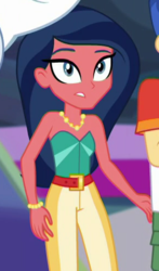 Size: 290x494 | Tagged: safe, screencap, bulk biceps, desert sage, flash sentry, equestria girls, equestria girls series, g4, my little pony equestria girls: spring breakdown, spoiler:eqg series (season 2), background human, bare shoulders, bustier, cropped, jewelry, necklace, sleeveless, solo focus, strapless
