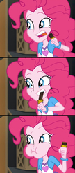 Size: 648x1500 | Tagged: safe, screencap, pinkie pie, equestria girls, equestria girls specials, g4, my little pony equestria girls: movie magic, biting, bracelet, breasts, bust, candy, chocolate, clothes, collar, cute, diapinkes, eating, female, food, hair, irony, jewelry, open mouth, ponk, shirt, solo, teenager, teeth, v-neck, vest