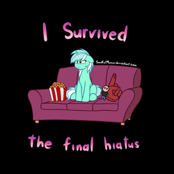 Size: 1200x1200 | Tagged: safe, artist:soulfulmirror, lyra heartstrings, pony, g4, bittersweet, black background, couch, doll, end of g4, end of ponies, female, foam finger, food, hiatus, humie, my little human, popcorn, simple background, solo, teary eyes, toy