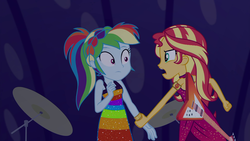 Size: 1920x1080 | Tagged: safe, screencap, rainbow dash, sunset shimmer, equestria girls, equestria girls series, g4, spring breakdown, spoiler:eqg series (season 2), arm grab, armlet, bracelet, braid, clothes, cruise outfit, cymbals, dress, duo, duo female, female, geode of empathy, grabbing, guitar, jewelry, magical geodes, musical instrument, ponytail, sequins, sleeveless, sleeveless dress