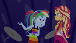 Size: 1920x1080 | Tagged: safe, screencap, rainbow dash, sunset shimmer, equestria girls, equestria girls series, g4, spring breakdown, spoiler:eqg series (season 2), armlet, bracelet, braid, clothes, cruise outfit, cymbals, dress, duo, duo female, female, geode of empathy, geode of super speed, guitar, jewelry, magical geodes, musical instrument, ponytail, sequins, sleeveless, sleeveless dress