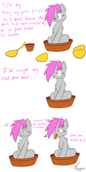 Size: 3000x6000 | Tagged: safe, artist:fajnyziomal, oc, oc only, oc:purple light, fly, pony, unicorn, comic:świstek, cheek fluff, chest fluff, cute, ear fluff, eating, female, flower pot, insect on nose, mare, petals, shoulder fluff, solo, spitting, text, tongue out