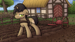 Size: 5280x2970 | Tagged: safe, artist:moemneop, oc, oc only, oc:neop, pony, unicorn, floppy ears, food, glare, harness, horses doing horse things, looking at you, machine, male, outdoors, potato, solo, stallion, tack, unamused