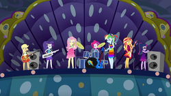 Size: 1920x1080 | Tagged: safe, screencap, applejack, fluttershy, pinkie pie, rainbow dash, rarity, sci-twi, sunset shimmer, twilight sparkle, equestria girls, equestria girls specials, g4, my little pony equestria girls: better together, my little pony equestria girls: spring breakdown, bass guitar, clothes, dress, drums, eyes closed, female, geode of fauna, geode of sugar bombs, glasses, guitar, humane five, humane seven, humane six, legs, magical geodes, microphone, musical instrument, ponytail, the rainbooms