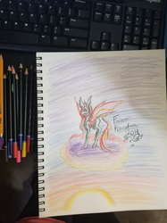 Size: 1504x2016 | Tagged: safe, artist:florarena-kitasatina/dragonborne fox, oc, oc:katie rubywing, changeling, broken horn, changeling oc, cloud, colored pencil drawing, horn, irl, keyboard, photo, signature, sketchbook, traditional art, wraith