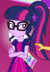 Size: 697x998 | Tagged: safe, screencap, sci-twi, sunset shimmer, twilight sparkle, equestria girls, equestria girls specials, g4, my little pony equestria girls: better together, my little pony equestria girls: spring breakdown, clothes, cropped, crossed arms, female, geode of telekinesis, glasses, magical geodes, offscreen character, ponytail