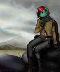 Size: 2500x3000 | Tagged: safe, artist:yutakira92, oc, oc only, oc:forest farseer, earth pony, anthro, fallout equestria, alone, cloak, clothes, dystopia, fantasy class, high res, male, rain, sitting, sky, solo, stallion, stare, stone, survivor, warrior, ych result