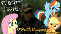 Size: 700x393 | Tagged: safe, applejack, fluttershy, rainbow dash, earth pony, human, pegasus, pony, g4, annoyed, bosstone, confused, crossover, female, flying, irl, irl human, jack o'neill, male, mare, photo, richard dean anderson, stargate, stargate equestria, stargate sg1, text, worried