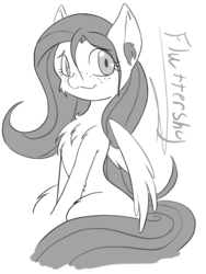Size: 1536x2048 | Tagged: safe, artist:steelsoul, fluttershy, pegasus, pony, g4, cheek fluff, chest fluff, ear fluff, female, freckles, leg fluff, looking at you, monochrome, solo