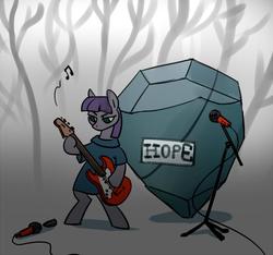 Size: 800x750 | Tagged: safe, artist:tomatocoup, boulder (g4), maud pie, tom, earth pony, pony, g4, 30 minute art challenge, band, bass guitar, boulder, female, forest, guitar, hoof hold, hope, mare, microphone, music, music notes, musical instrument, pet rock, rock, rock (music), sign, solo, standing, text, tree