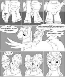 Size: 8357x9888 | Tagged: safe, artist:cactuscowboydan, caboose, silver lining, silver zoom, oc, oc:air brakes, earth pony, pegasus, pony, comic:fusing the fusions, comic:the bastion of canterlot, g4, argument, body horror, booty had me like, butt, canterlot, canterlot castle, clothes, comic, commissioner:bigonionbean, conductor hat, conjoined, cutie mark, dialogue, flank, flapping wings, fuse, fusion, fusion:caboose, gymnasium, hat, magic, male, merge, merging, plot, potion, shocked, shocked expression, sketch, stallion, swelling, the ass was fat, uniform, wings, wonderbolts, wonderbolts uniform, writer:bigonionbean
