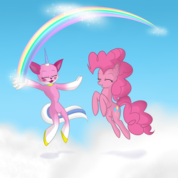 Size: 2100x2100 | Tagged: safe, artist:silentrosysunrise, pinkie pie, earth pony, anthro, g4, cloud, crossover, day, eyes closed, female, flying, high res, lego, mare, rainbow, sky, the lego movie, unikitty