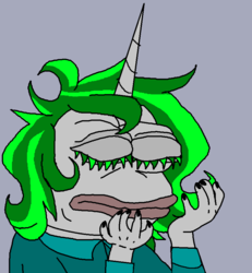Size: 800x865 | Tagged: safe, artist:captainofhopes, oc, oc:schiller rush, unicorn, anthro, eyes closed, female, mare, meme, pepe the frog, simple background