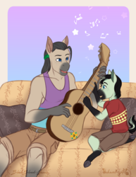 Size: 2550x3300 | Tagged: safe, artist:blackblood-queen, oc, oc only, oc:honeydew mambo, oc:samba volta, earth pony, anthro, anthro oc, child, clothes, couch, female, filly, guitar, high res, male, music notes, parent:margarite mix, parent:samba volta, stallion