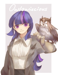 Size: 2048x2652 | Tagged: safe, artist:tingsan, owlowiscious, twilight sparkle, bird, human, owl, g4, clothes, cute, duo, female, gloves, high res, humanized, long gloves, twiabetes