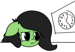Size: 3078x2123 | Tagged: safe, artist:czu, oc, oc only, oc:filly anon, pony, adoranon, bored, clock, cute, female, filly, high res, simple background, solo, white background