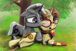 Size: 2000x1355 | Tagged: safe, artist:chopsticks, oc, oc only, oc:butterbeer, oc:heart shield, pony, blushing, cheek kiss, clothes, commission, cute, glasses, kissing, oc x oc, open mouth, scarf, shipping
