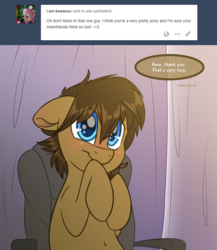 Size: 2000x2300 | Tagged: safe, artist:fluffyxai, oc, oc only, oc:spirit wind, pony, tumblr:ask spirit wind, ask, belly button, blushing, cute, high res, male, ocbetes, smiling, solo, speech bubble, stallion, tumblr