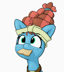 Size: 1618x1826 | Tagged: safe, artist:pabbley, color edit, edit, editor:jh, meadowbrook, earth pony, pony, g4, bread, bust, colored, cute, female, food, looking up, mare, meadowcute, mouth hold, simple background, smiling, solo, toast, white background