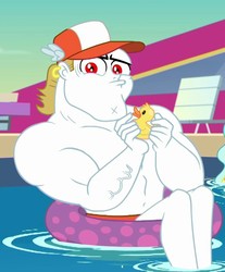 Size: 689x832 | Tagged: safe, screencap, bulk biceps, paisley, equestria girls, equestria girls specials, g4, my little pony equestria girls: better together, my little pony equestria girls: spring breakdown, cap, clothes, cropped, hat, inner tube, legs, looking at you, male, muscles, offscreen character, partial nudity, rubber duck, topless, unamused, vein