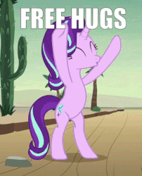 Size: 328x405 | Tagged: safe, edit, edited screencap, screencap, starlight glimmer, pony, unicorn, road to friendship, season 8, spoiler:s08, animated, bipedal, bronybait, caption, cropped, cute, female, free hugs, glimmerbetes, hooves in air, image macro, impact font, mare, solo, text