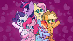 Size: 1920x1080 | Tagged: safe, artist:sweets-and-giggles, applejack, fluttershy, pinkie pie, rainbow dash, rarity, twilight sparkle, earth pony, pegasus, pony, unicorn, all bottled up, g4, best friends until the end of time, colored pupils, cute, dashabetes, diapinkes, female, heart, jackabetes, lesbian, mane six, mare, omniship, open mouth, polyamory, raribetes, scene interpretation, shipping, shyabetes, twiabetes