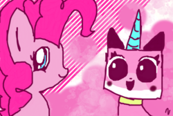 Size: 664x447 | Tagged: safe, artist:nyanpegasus8u, pinkie pie, g4, abstract background, crossover, lego, the lego movie, unikitty