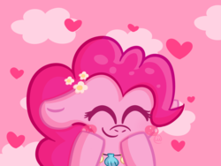 Size: 1600x1200 | Tagged: safe, artist:sweets-and-giggles, pinkie pie, pony, g4, blushing, bust, cloud, cute, diapinkes, eyes closed, female, floppy ears, flower, flower in hair, heart, pink background, portrait, seashell, seashell necklace, simple background, solo