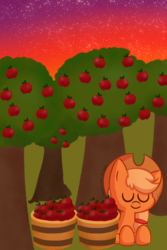 Size: 1200x1800 | Tagged: safe, artist:sweets-and-giggles, applejack, pony, g4, apple, apple orchard, apple tree, applejack's hat, cowboy hat, cute, eyes closed, female, food, hat, jackabetes, sleeping, solo, starry sky, sunset, tree