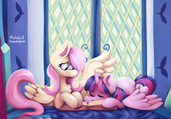Size: 3934x2732 | Tagged: safe, artist:incendiarymoth, artist:mafubii, fluttershy, twilight sparkle, alicorn, pegasus, pony, g4, book, collaboration, female, high res, indoors, lesbian, mare, one wing out, prone, ship:twishy, shipping, sleeping, smiling, twilight sparkle (alicorn)