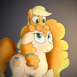 Size: 3840x3840 | Tagged: safe, artist:renderpoint, applejack, pear butter, earth pony, pony, g4, :p, chest fluff, colored pupils, cute, duo, ear fluff, female, filly, filly applejack, floppy ears, high res, jackabetes, leg fluff, mare, mother and daughter, pearabetes, silly, tongue out, younger