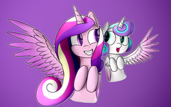 Size: 3840x2400 | Tagged: safe, artist:renderpoint, princess cadance, princess flurry heart, alicorn, pony, g4, baby, baby pony, bust, colored pupils, cute, cutedance, duo, female, flurrybetes, high res, hooves to the chest, mother and daughter, open mouth, purple background, simple background, smiling, spread wings, wings