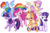 Size: 1500x1000 | Tagged: safe, artist:nootnuts, applejack, fluttershy, pinkie pie, rainbow dash, rarity, twilight sparkle, alicorn, earth pony, pegasus, pony, unicorn, g4, butt fluff, cheek fluff, chest fluff, ear fluff, female, floating wings, leg fluff, mane six, mare, one eye closed, profile, simple background, sitting, transparent background, twilight sparkle (alicorn), wings, wink